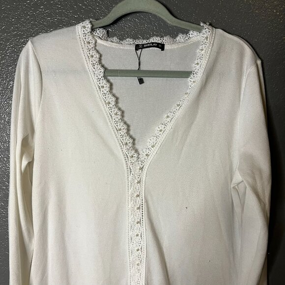 Sheilay Large White Crochet Lace Trim V-Neck Tunic Top Boho - Picture 3 of 4